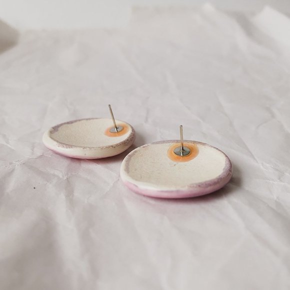 Vintage Handmade Abstract Pink Purple Painted Ceramic Large Circle Disc Earrings - Picture 4 of 6